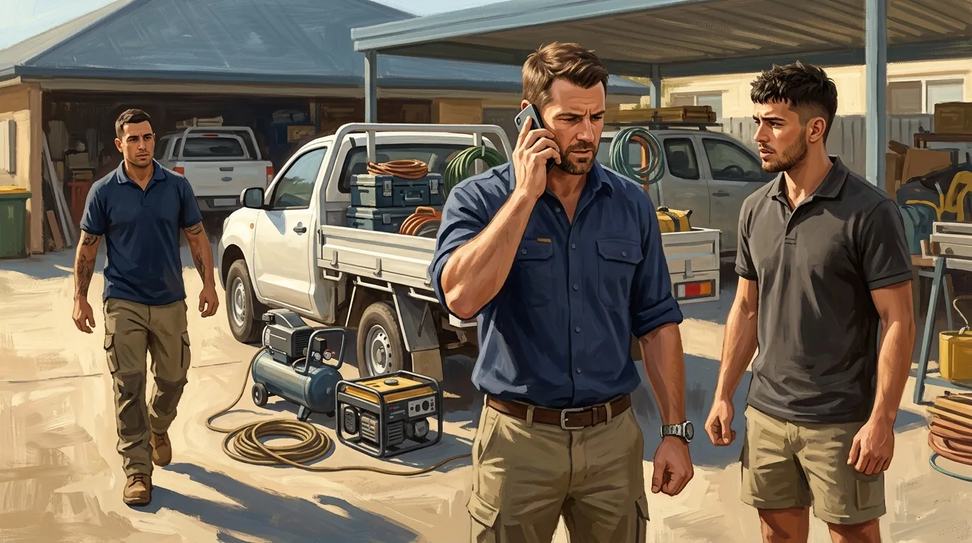 A trade business owner in his yard at seven in the morning pulled three ways at once, phone at his ear, an apprentice waiting on him and the ute still half loaded