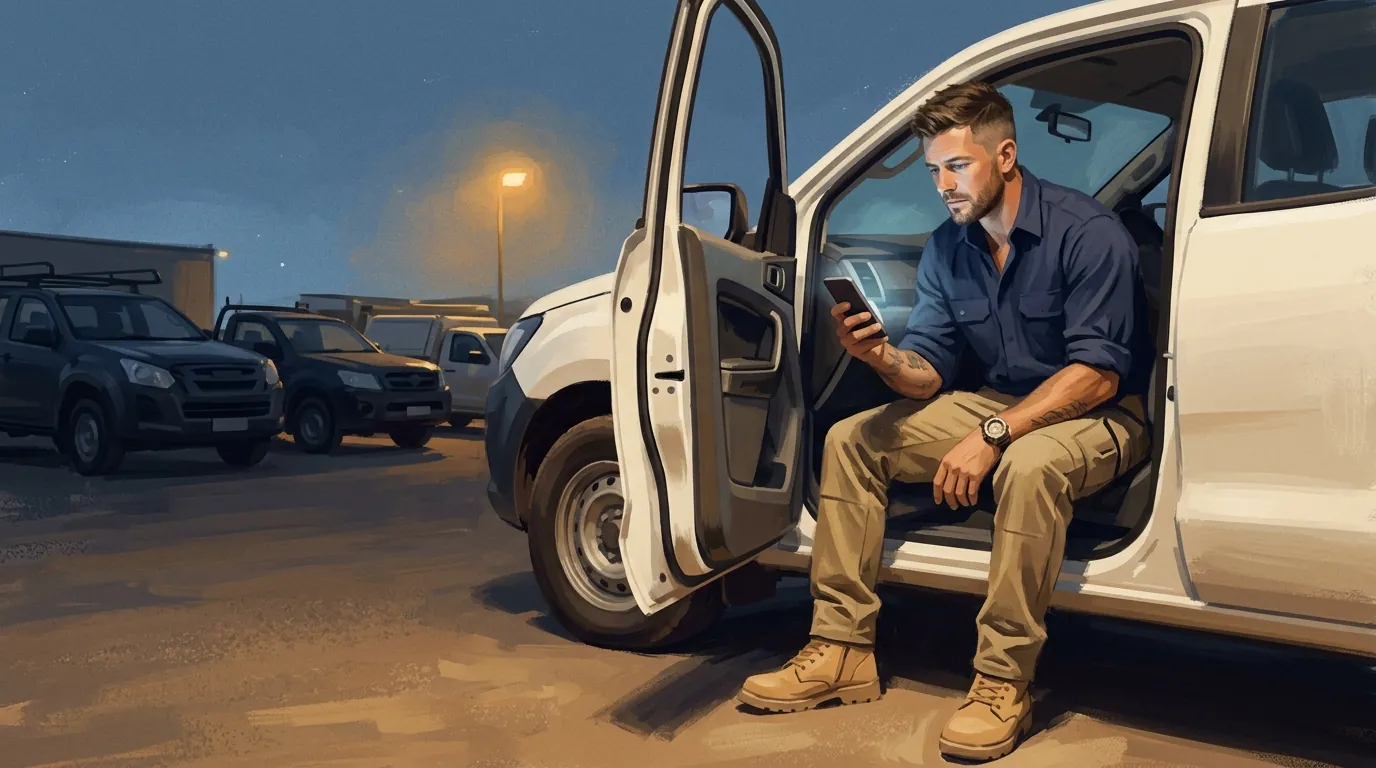 A trade business owner sitting alone in his ute at night in an empty yard, quoting on his phone long after everyone else has gone home