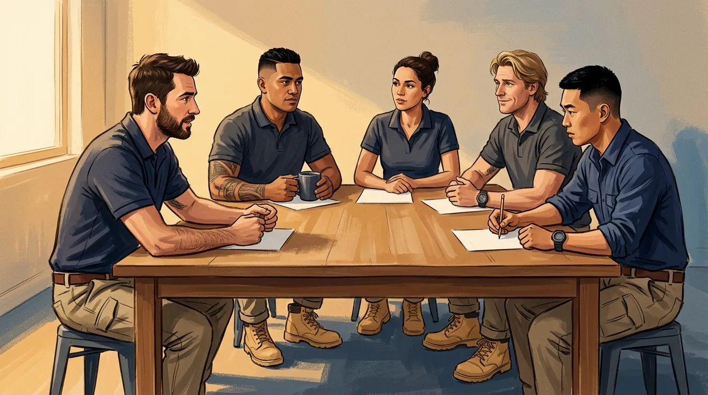 Five trade business owners around a table in a working session, one talking through a real problem while the other four listen