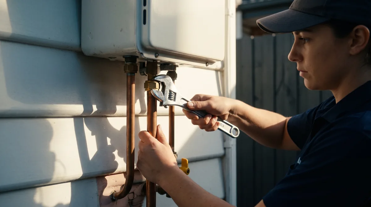 Plumbers: tightening the union under a hot water unit