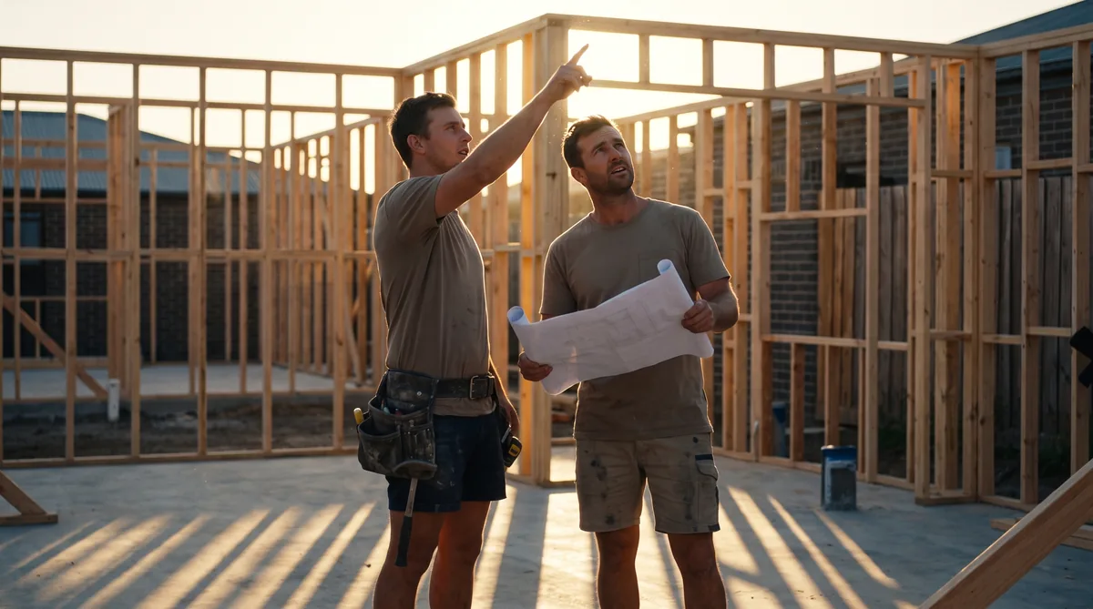 Carpenters: sorting out the frame with the builder