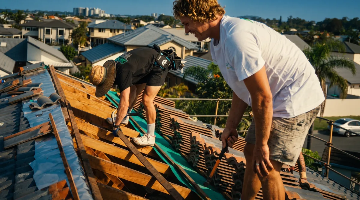 Roofers: stripping old tile, battens and sarking exposed