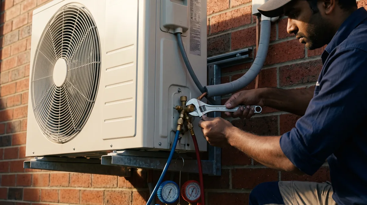 Air conditioning: gauges on the service port of an outdoor condenser
