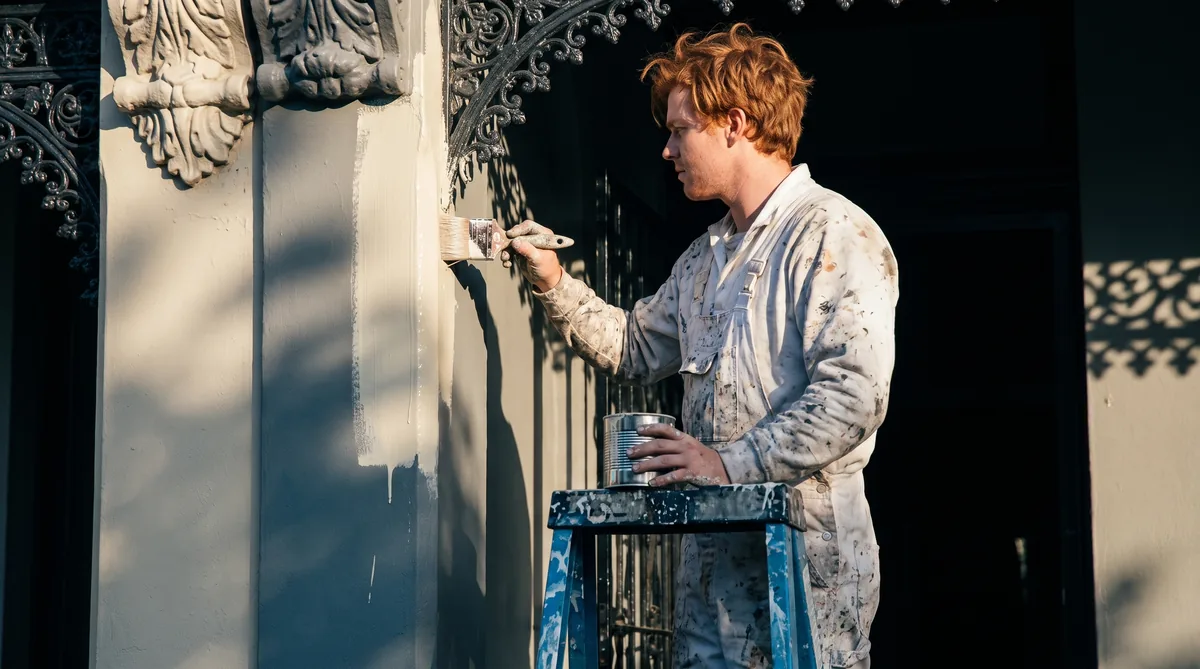 Painters: cutting in a victorian verandah in whites